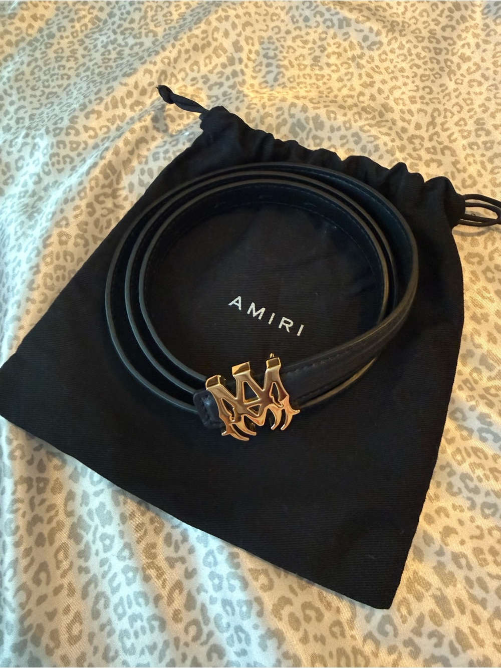 NWOT AMIRI Black Leather AM Core Logo Belt with Gold Buckle